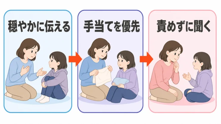 見えた事実を穏やかに伝え、手当てを優先し、責めずに聞く順番だけ覚えておけば十分です。