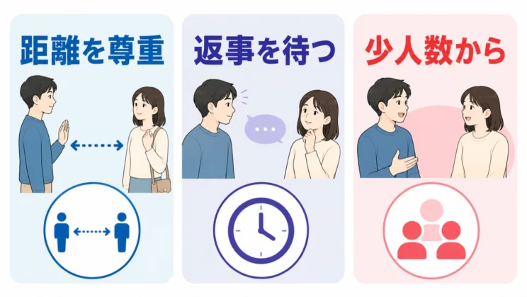 距離を尊重する、返事を急かさない、少人数から関わるという3つの視点が負担を和らげます。