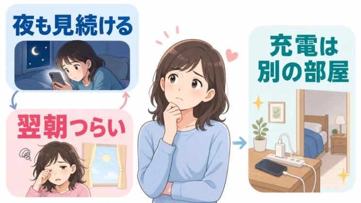 夜の刺激と翌朝のつらさを切るために、充電場所など環境を少し変えてみましょう。