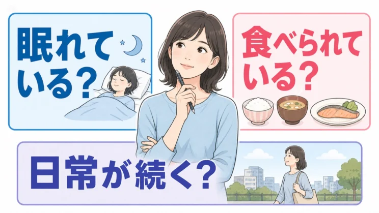 眠れているか、食べられているか、日常が続いているかを目安に、実践の負担を確かめます。
