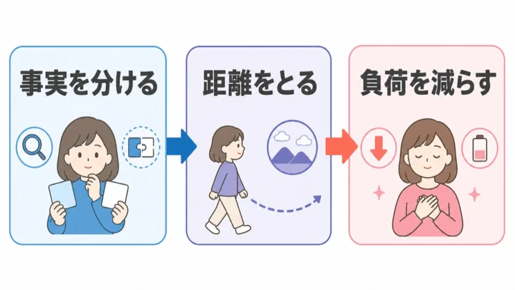事実と解釈を分け、必要な距離をとり、環境の負荷を減らすことが、消耗を抑える改善につながります。