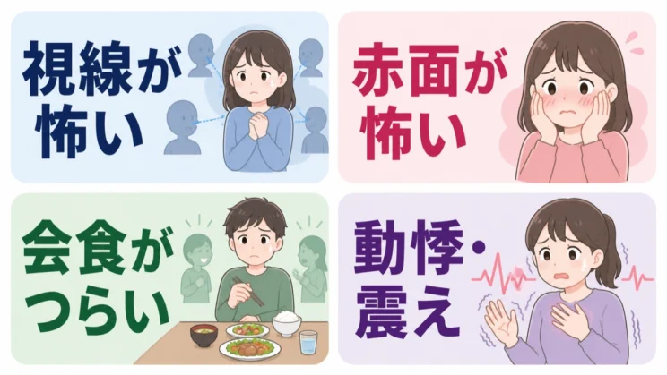 対人不安は、視線や赤面だけでなく、会食のつらさや動悸・震えなどにも現れます。