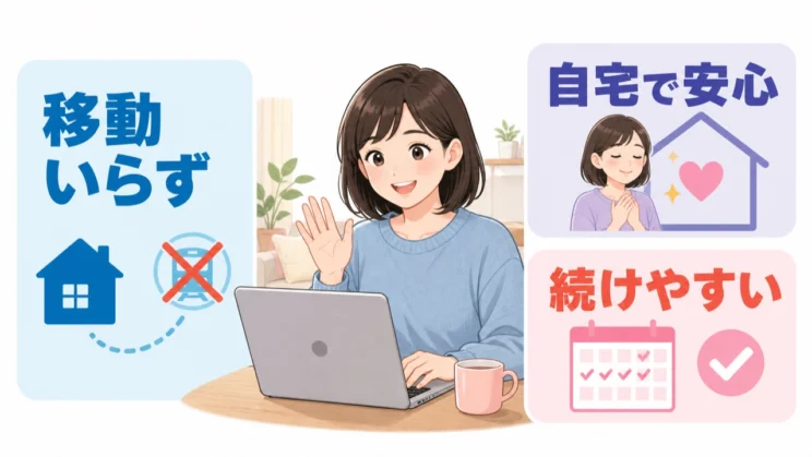 移動の負担を減らし、自宅で安心して続けやすいことがオンライン相談の主な利点です。