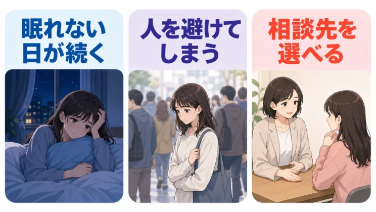 眠れなさや人を避ける状態が続くときは、一人で抱えず、自分に合う相談先を選んでよいサインです。