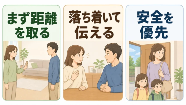 怒りが高まったら距離を取り、落ち着いてから短く伝え、何より自分の安全を優先してください。