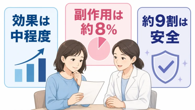 効果と副作用の数字を並べて見ると、期待しすぎず怖がりすぎない判断がしやすくなります。
