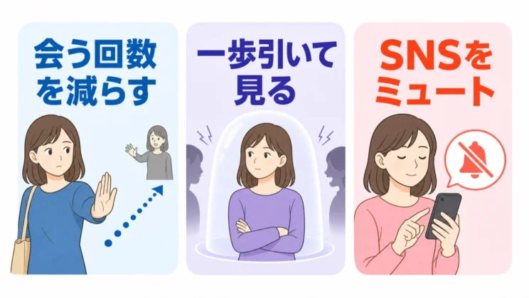 会う回数、心の受け止め方、SNSの三方向から、無理のない距離を少しずつ作れます。