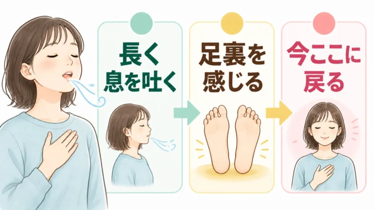 長く息を吐き、足裏や座席の感覚に注意を戻すと、不安から距離を取りやすくなります。