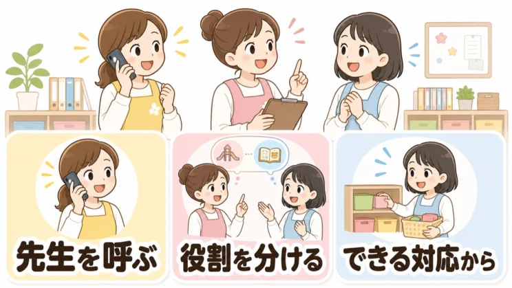 先生を呼び、役割を分け、自分ができる対応を担うこともチームで子どもを守る方法です。
