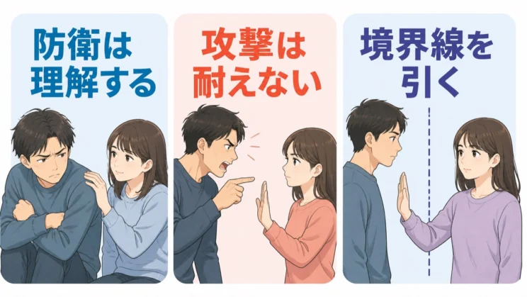 相手の防衛反応は理解しても、攻撃的な扱いまで耐え続けず、自分を守る境界線を引いて構いません。