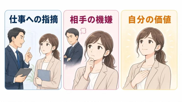 仕事への指摘と相手の機嫌を、自分の価値から切り離して受け止めてみましょう。