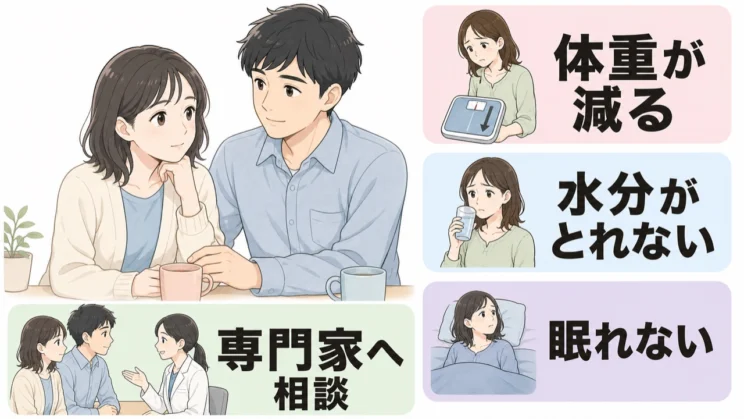 体重減少や水分不足、不眠が続くときは、見守りだけで抱えず専門家へ相談しましょう。
