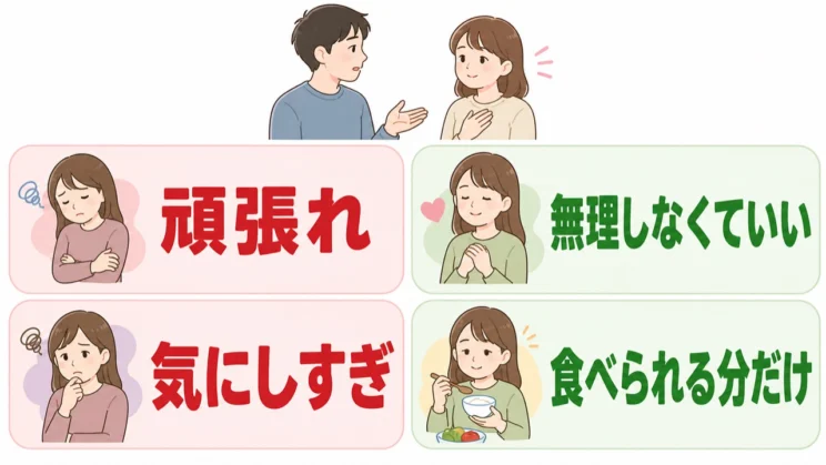 励ますより先に、無理しなくてよいと今のつらさを受け止める言葉が届きやすくなります。