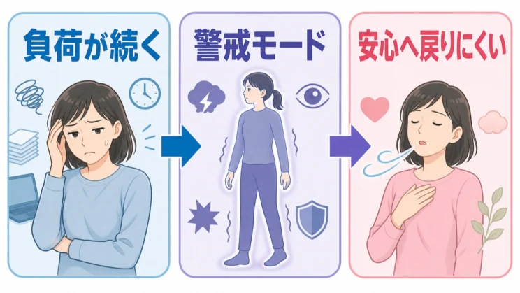 負荷が続くと神経は警戒モードを保ち、安全な場面でも安心へ戻りにくくなります。