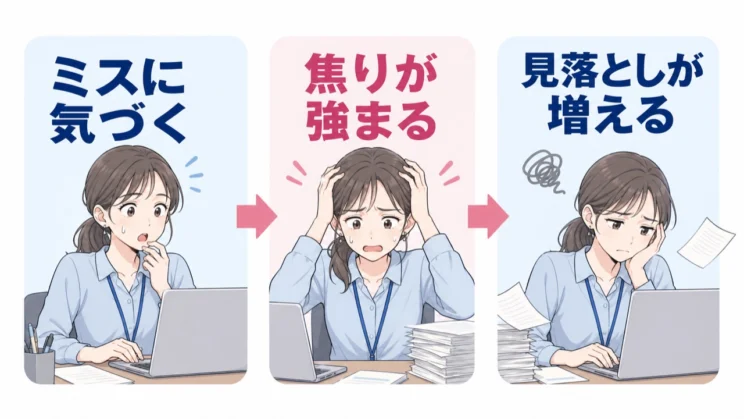 ミスの後に焦りが強まると、注意が散って次の見落としにつながりやすくなります。