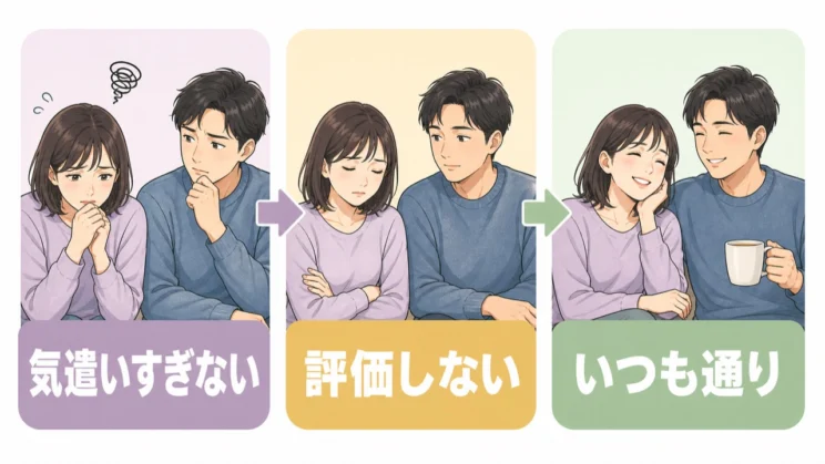 評価や特別扱いを避けていつも通り接することが、相手の緊張をやわらげます。
