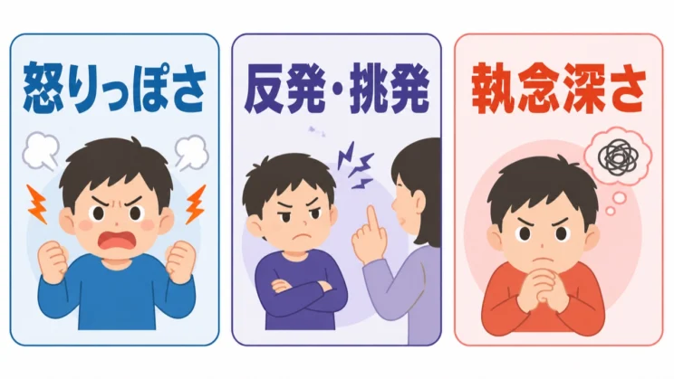 反抗挑戦性障害の特徴は、怒りっぽさ・反発や挑発・執念深さの三つに整理できます。