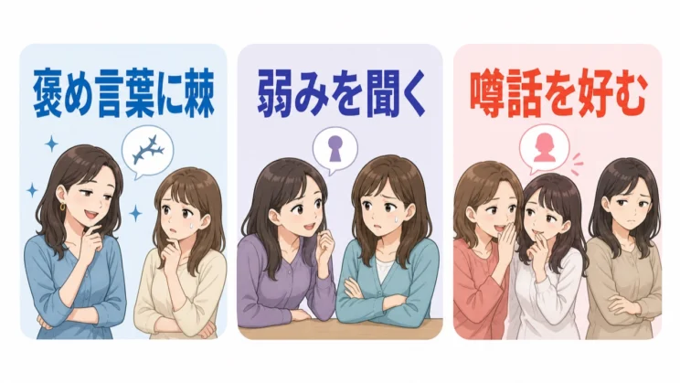 褒め言葉の棘、弱みへの執着、噂話の多さが繰り返されるなら、違和感を確かめる手がかりになります。