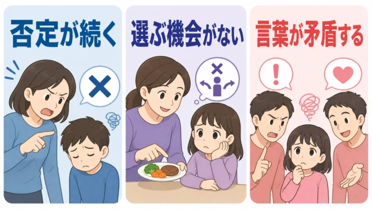 繰り返す否定、選ぶ機会を奪う過干渉、矛盾した要求は、どれも自分で動く感覚を弱めやすい関わりです。