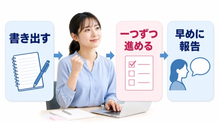 書き出して一つずつ進め、早めに報告する仕組みが記憶と注意を支えます。