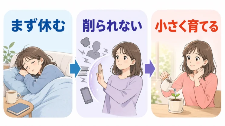 エネルギーが少ないときは、まず休み、これ以上削られない環境を整えてから小さく育てます。