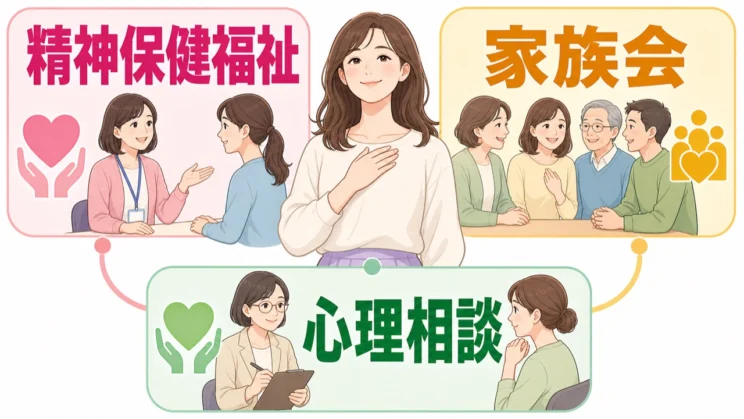 精神保健福祉の窓口、家族会、心理相談は、一人で抱えないために組み合わせて利用できます。