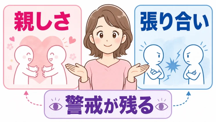 親しさの中に張り合いや警戒が残ることが、関係の疲れにつながります。