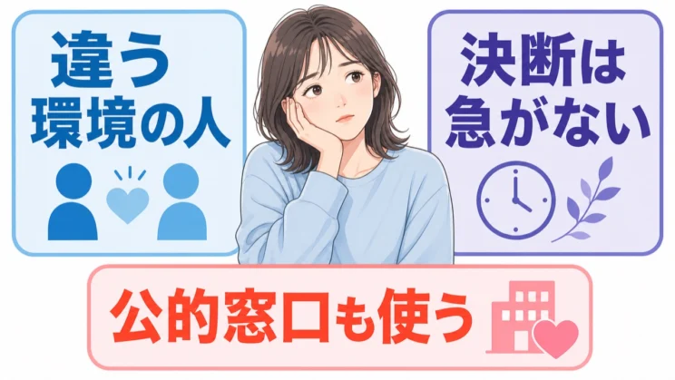 すぐに環境を離れられないときは、違う環境の人や公的窓口につながり、大きな決断を一人で急がない選択も大切です。