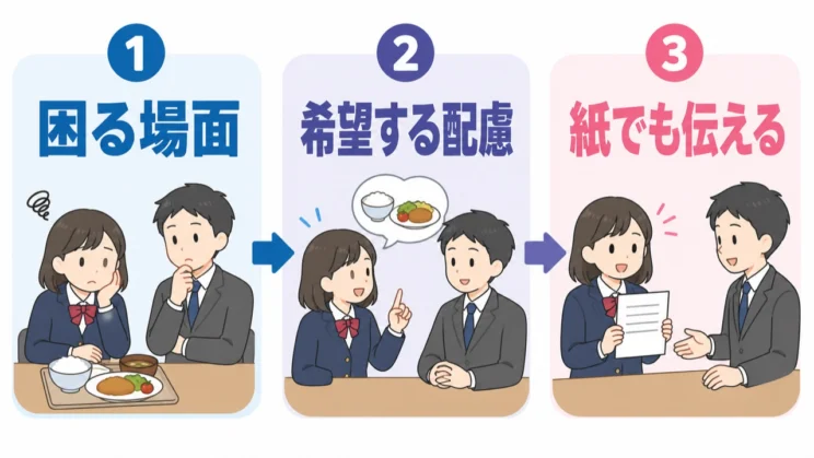 困る場面と希望する配慮をセットにし、話しづらければ紙で伝えてもかまいません。