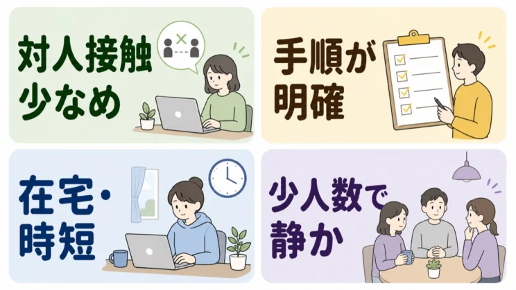 職種名だけではなく、対人接触・手順・働き方・人数の条件から働きやすさを見ます。