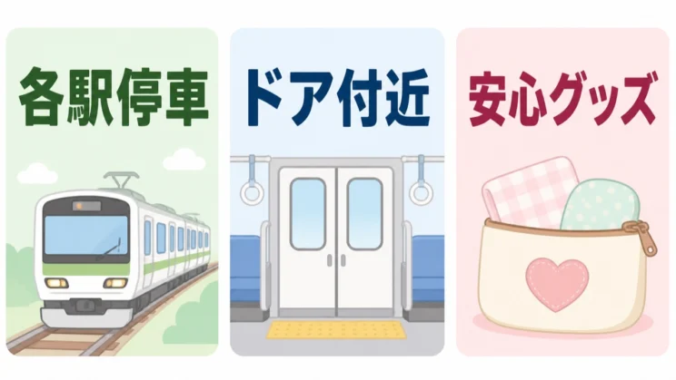 各駅停車、ドア付近、安心グッズなど、降りられる感覚を準備で支えます。