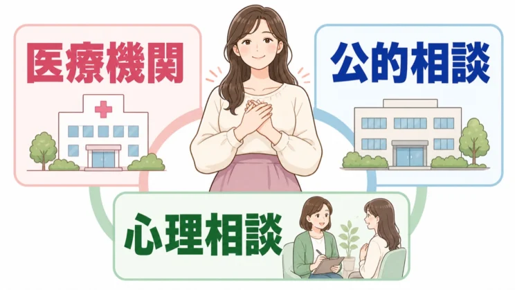 医療機関、公的な相談先、心理相談は、状況に応じて一つに絞らず組み合わせて利用できます。