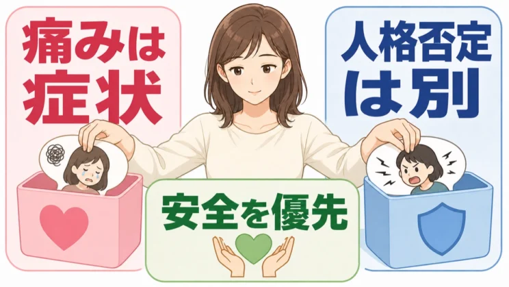 症状から出た痛みは理解しても、人格を傷つける言葉まで自分の評価として受け取る必要はありません。