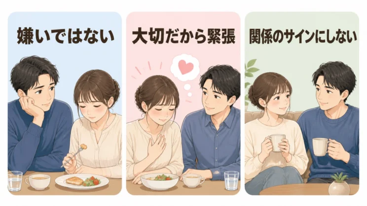 大切な相手の前ほど緊張することがあり、食べられない様子は関係の良し悪しを示すものではありません。