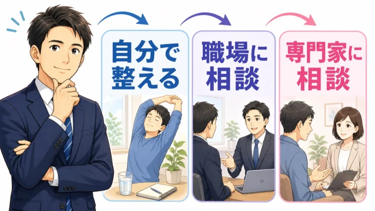 消耗の程度に合わせて、自分で整える・職場に相談する・専門家に相談する段階を選べます。