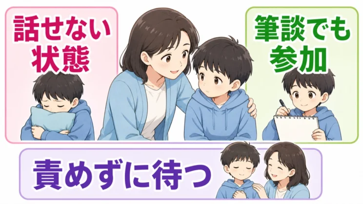 話すことを強制せず、筆談や待つ姿勢も参加の形として認めることが支えになります。