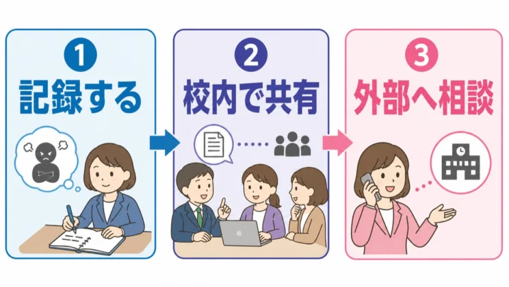 起きた場面を記録し、校内で共有してから、必要に応じて外部の相談先へつなぎます。