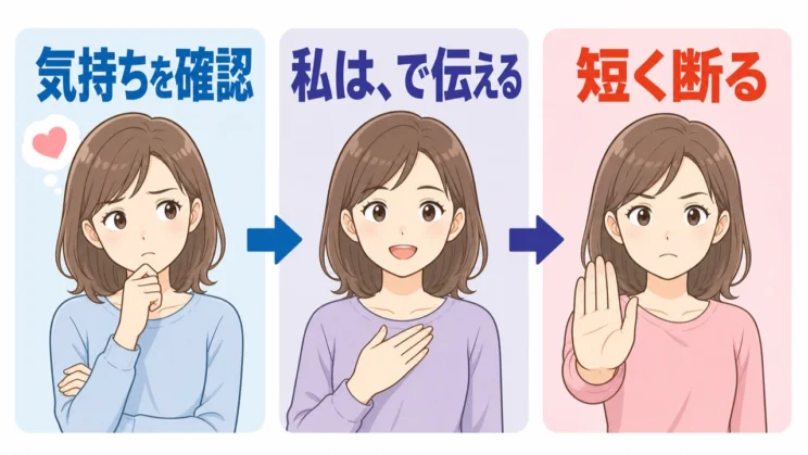 気持ちを確認し、私を主語にして短く伝えることから、小さなノーを練習できます。