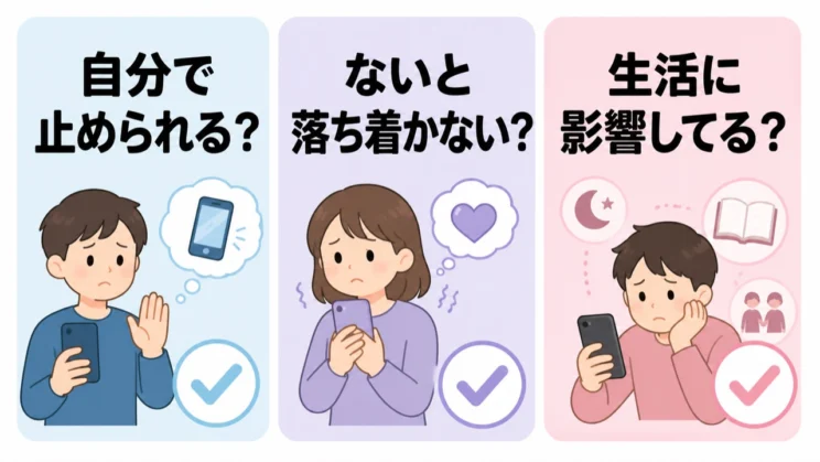 時間の長さだけでなく、自分で止められる感覚と生活への影響を確認します。