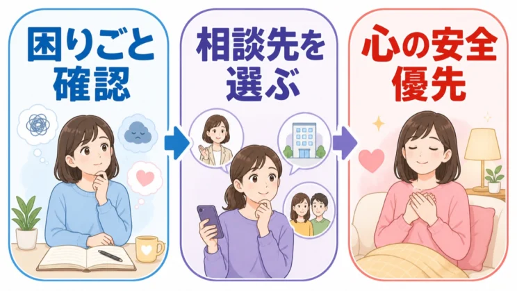 困っていることを確かめ、合う相談先を選びながら、二人それぞれの心の安全を優先して進めます。