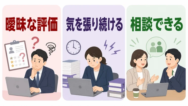 曖昧な評価や気を張り続ける環境と、相談できる環境では、同じ仕事でも消耗の度合いが変わります。