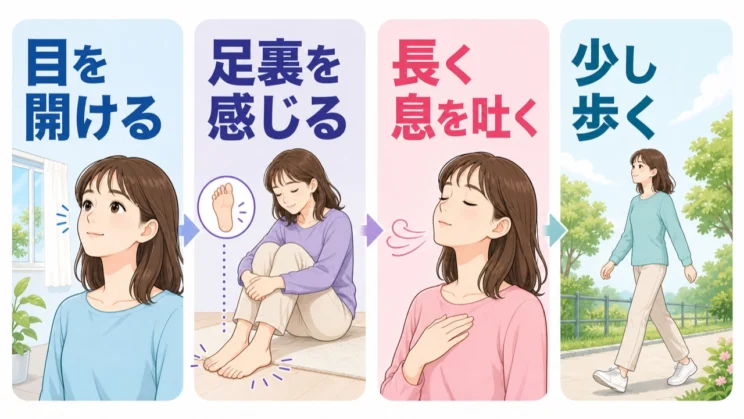 目を開け、足裏を感じ、長く息を吐き、少し歩くと、意識を今の現実へ戻しやすくなります。