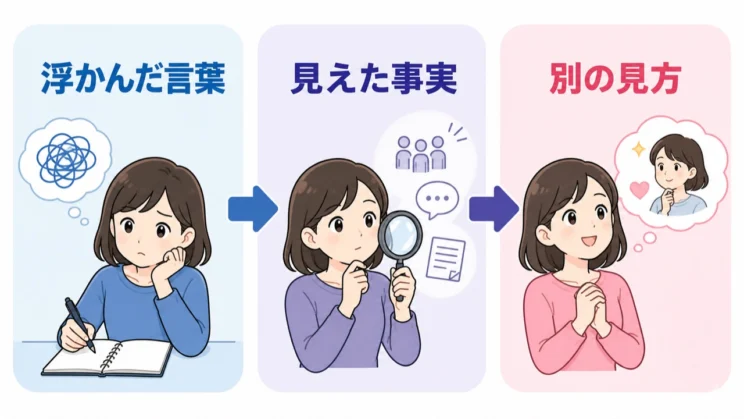 浮かんだ言葉と実際に見えた事実を分け、別の見方を一つ足すと、考えとの距離が生まれます。