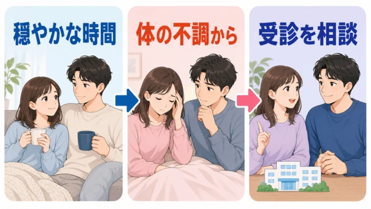 穏やかな時間に、眠りなど体の不調を入口として受診を提案すると、本人も話を受け止めやすくなります。