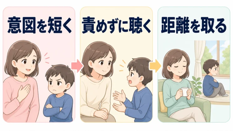 怒りが高まったら、意図を短く伝えて責めずに聴き、収まらなければ距離を取ります。