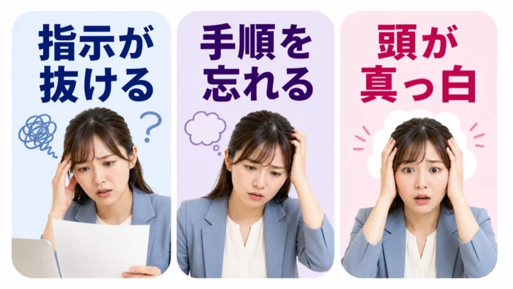強い緊張で頭の処理余裕が減ると、指示や手順が一時的に抜けやすくなります。
