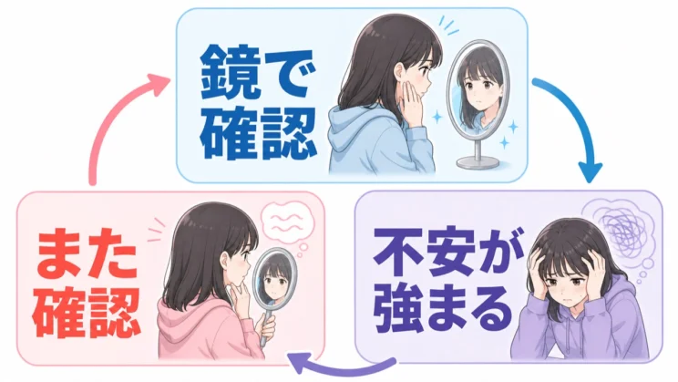 鏡で確かめても不安が消えず、また確認したくなる循環が、朝の準備を長引かせます。