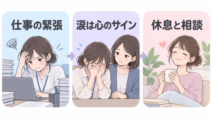 仕事の緊張や涙と休息・相談のつながりを示すイラスト