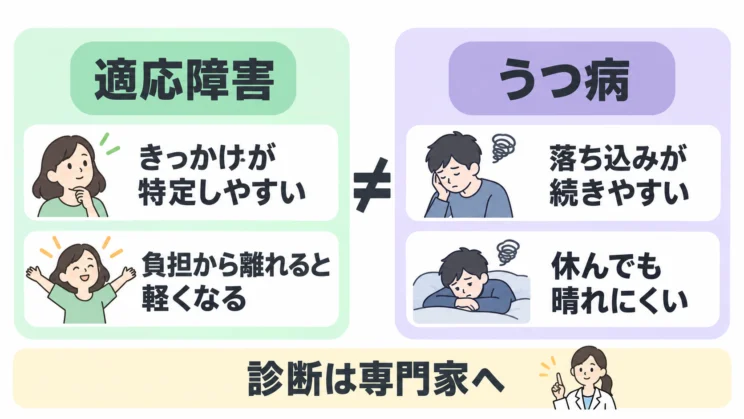 適応障害とうつ病の特徴を比べる図解
