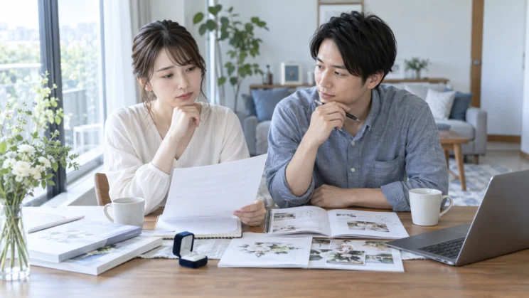 結婚準備の書類を見ながら気持ちを話し合うカップル